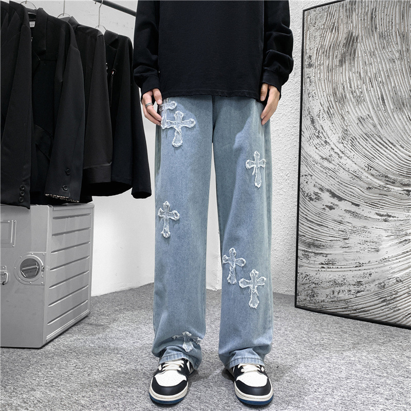 Men'S Fashion For 70 Year Old - Herren Jeans mit Kreuz-Print, Herbst-Winter, Harajuku,