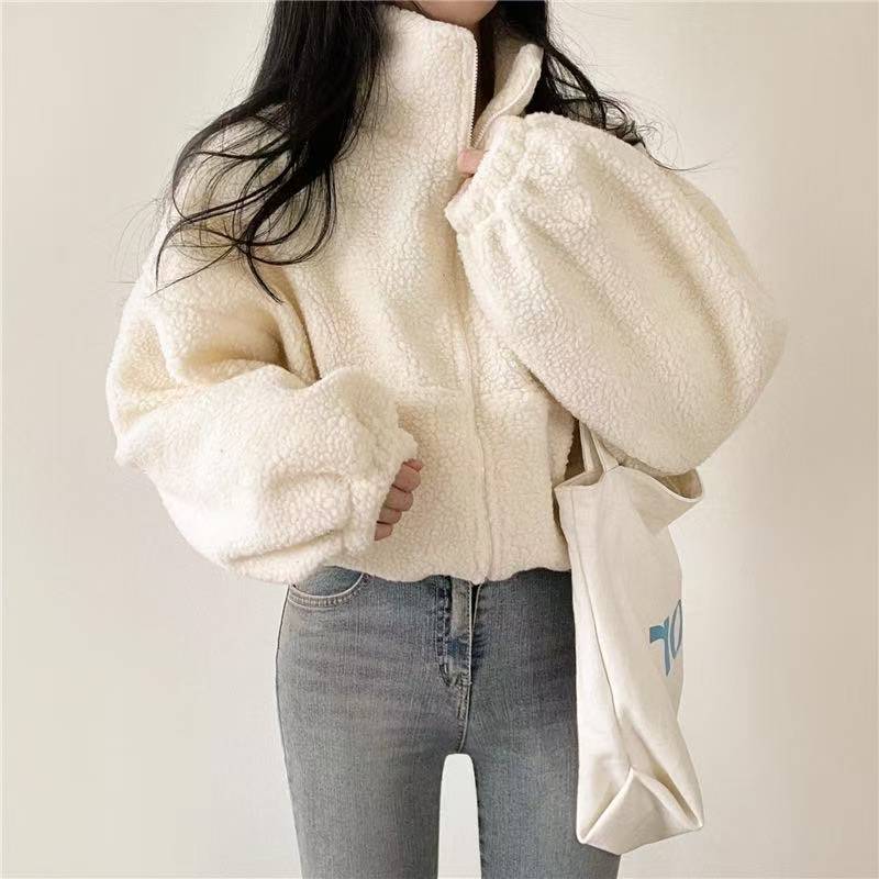 Damen Stehkragen Cropped Zip-U – Sherpa Jacket Fleece Bewertung und Preis